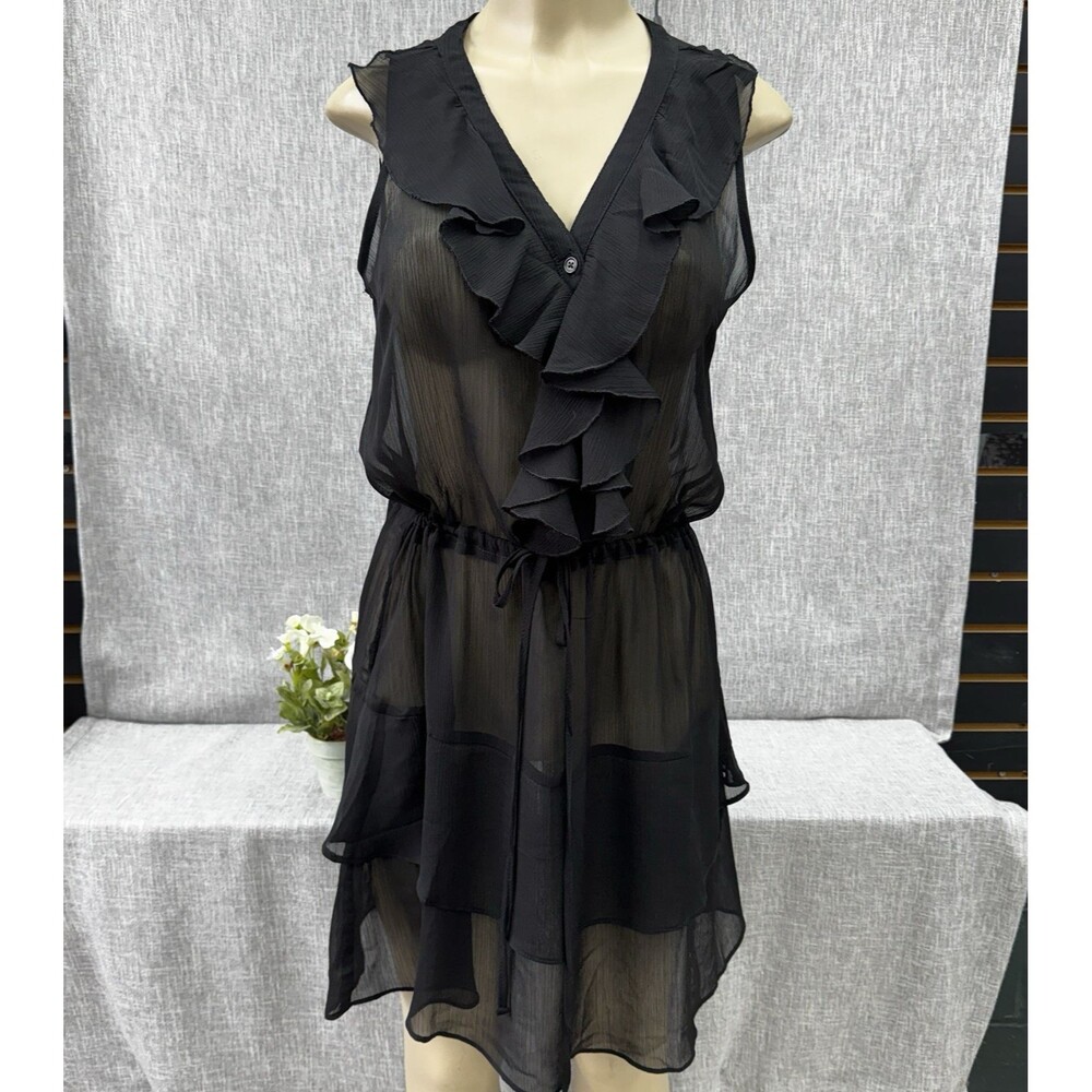Old Navy Black Chiffon Ruffle Dress M Sleeveless Tiered Sheer Drop Waist Y2K